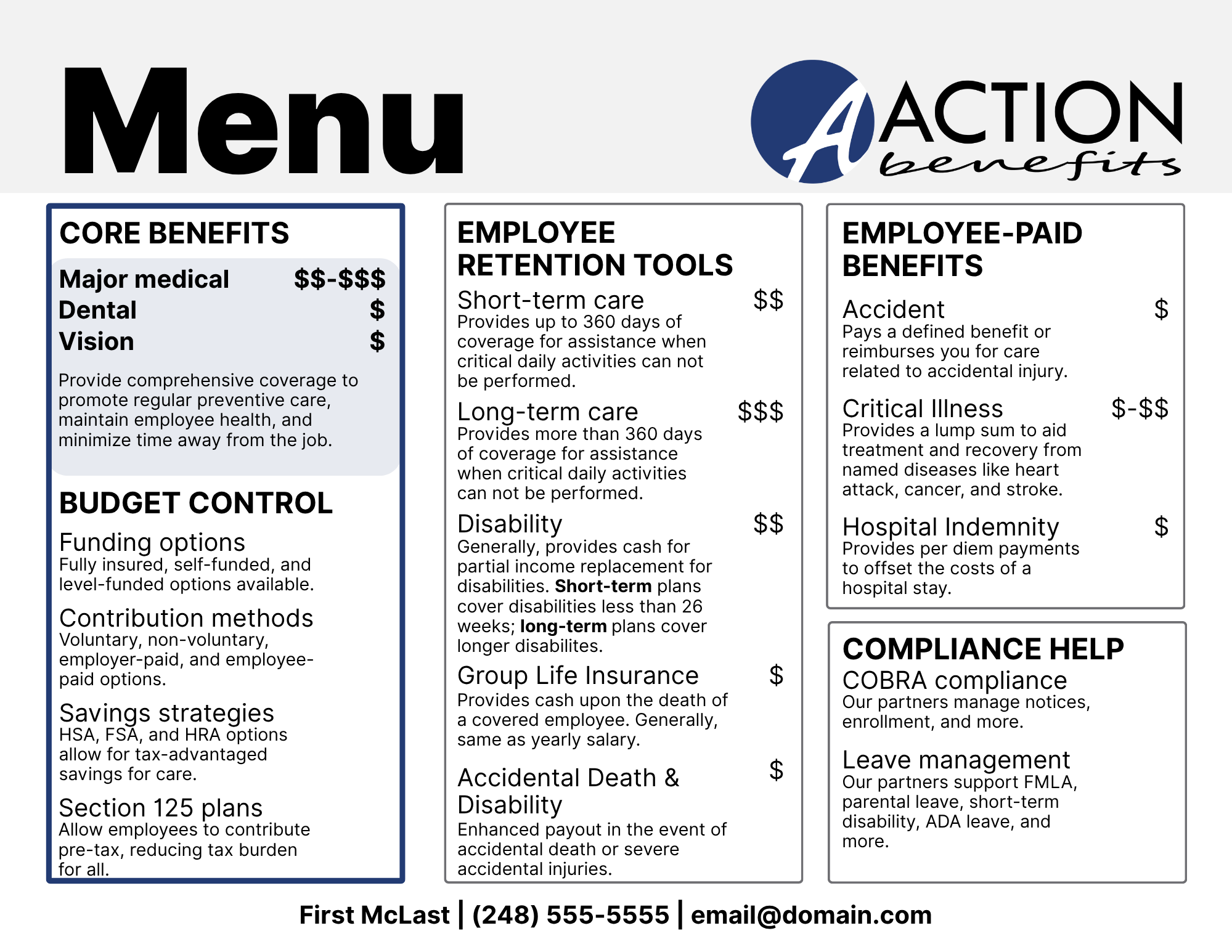 A menu of employee benefits grouped by function, including core health, supplemental health, and ancillary products