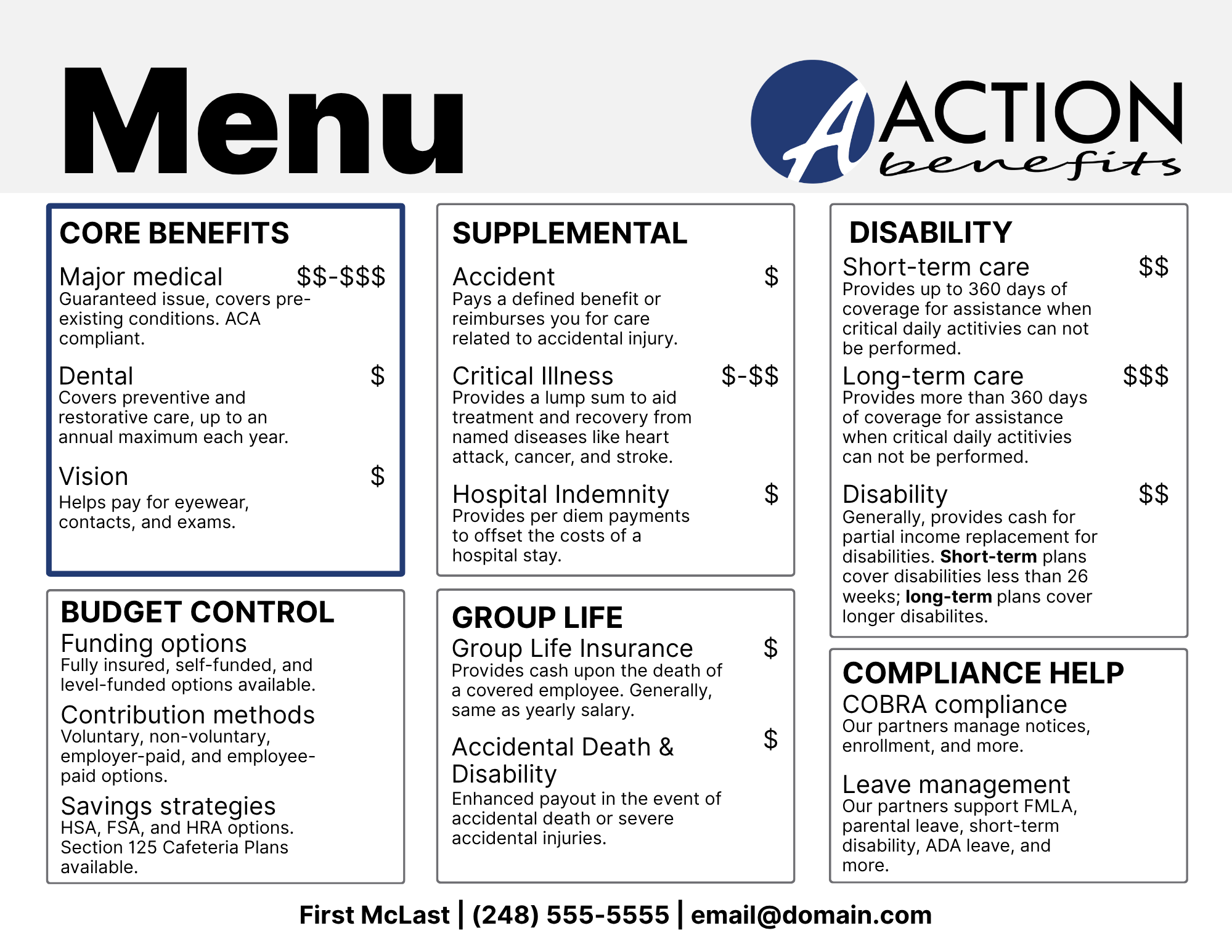 A menu of employer group products, organized solely by product type.